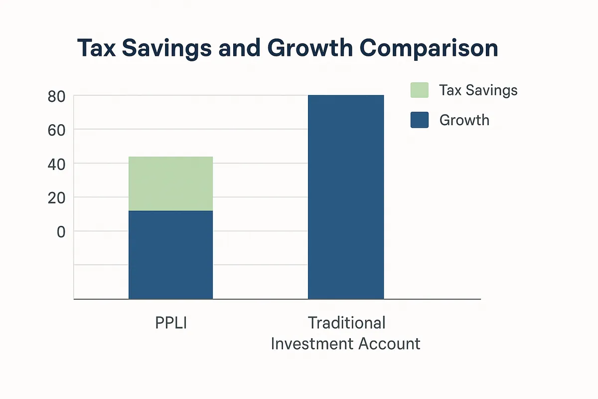 Statistical chart displaying tax savings and growth comparison between PPLI and traditional investment accounts
