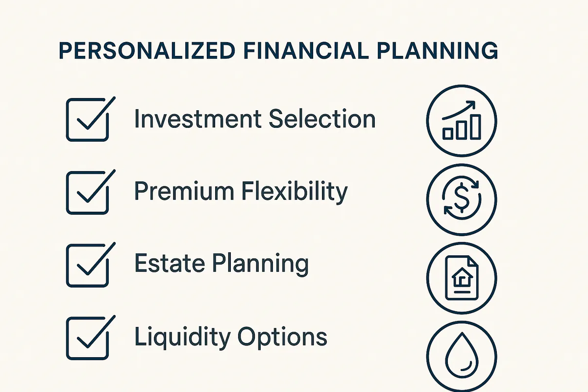 Visual checklist with personalized financial planning components including investment selection, premium flexibility, estate planning, and liquidity options