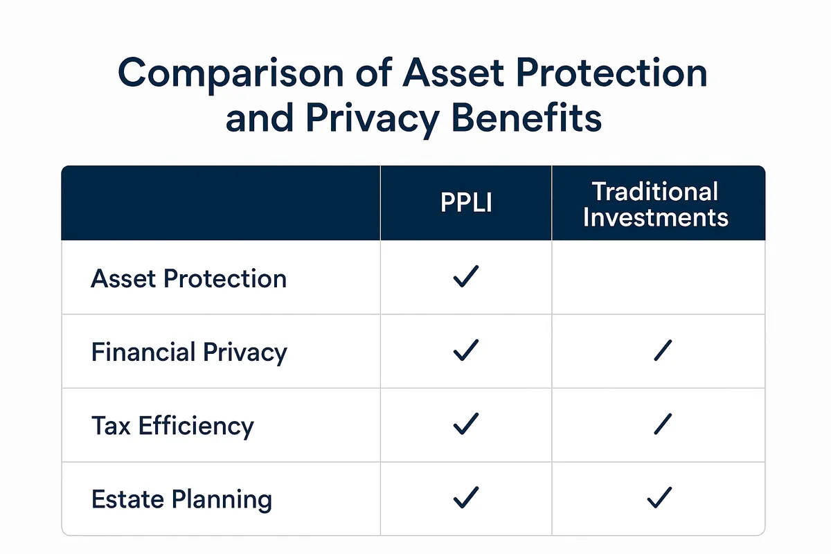 Comparison table visualization showing asset protection and privacy benefits of PPLI versus traditional investments