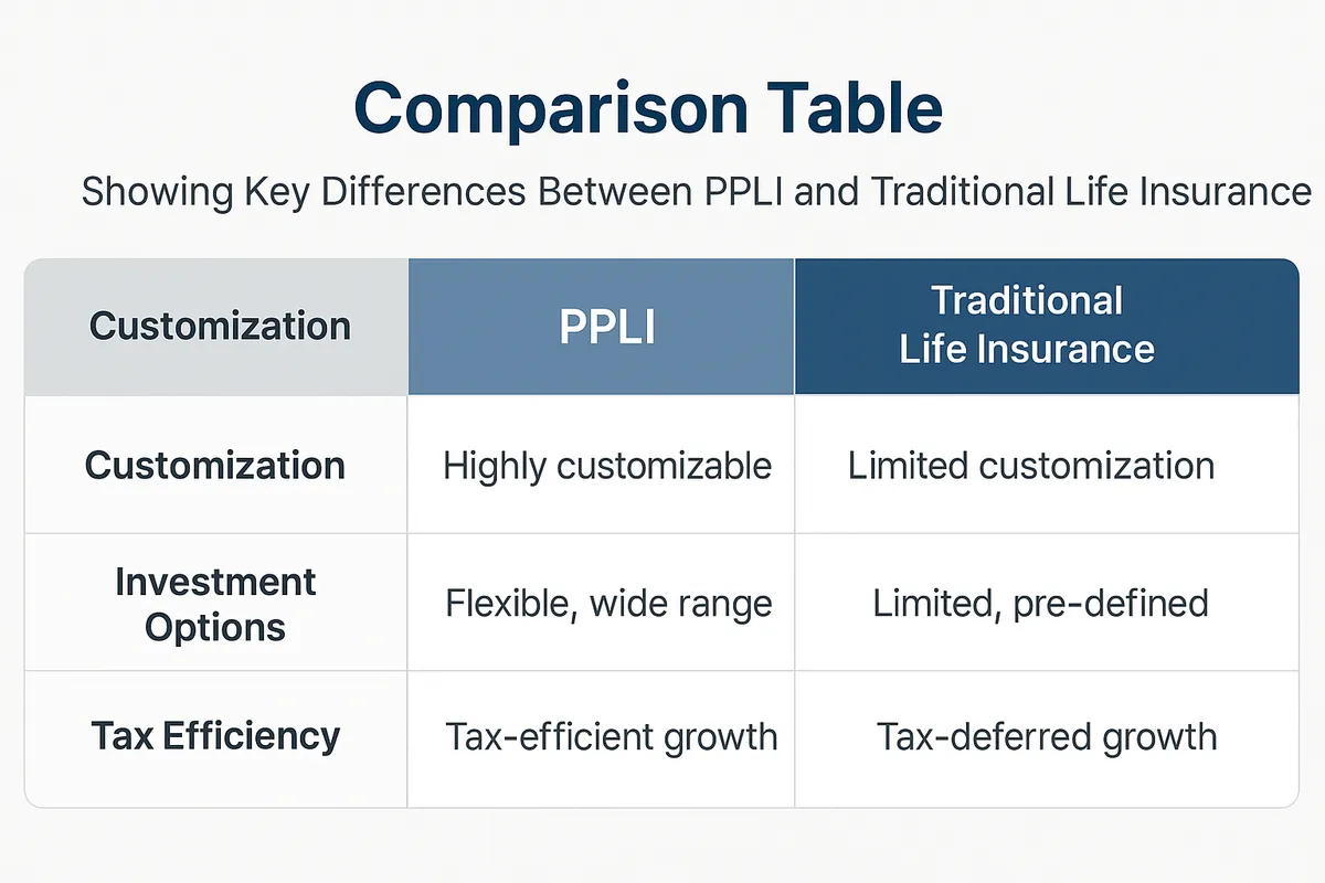 Comparison table visualization showing key differences between PPLI and traditional life insurance products