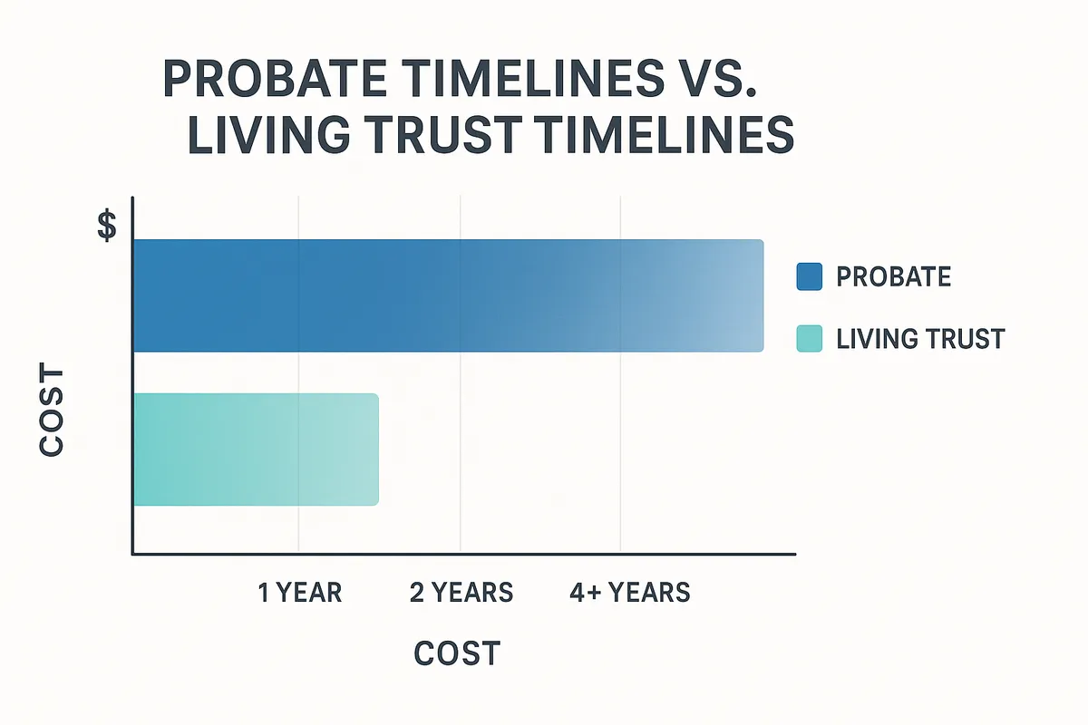 Statistical chart displaying probate timelines versus living trust timelines with cost comparisons