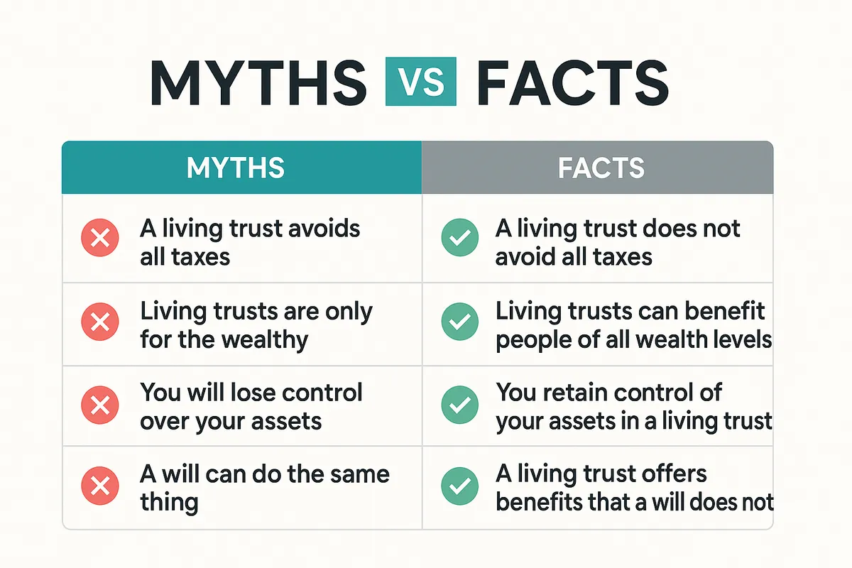 Comparison table visualization showing myths versus facts about living trusts
