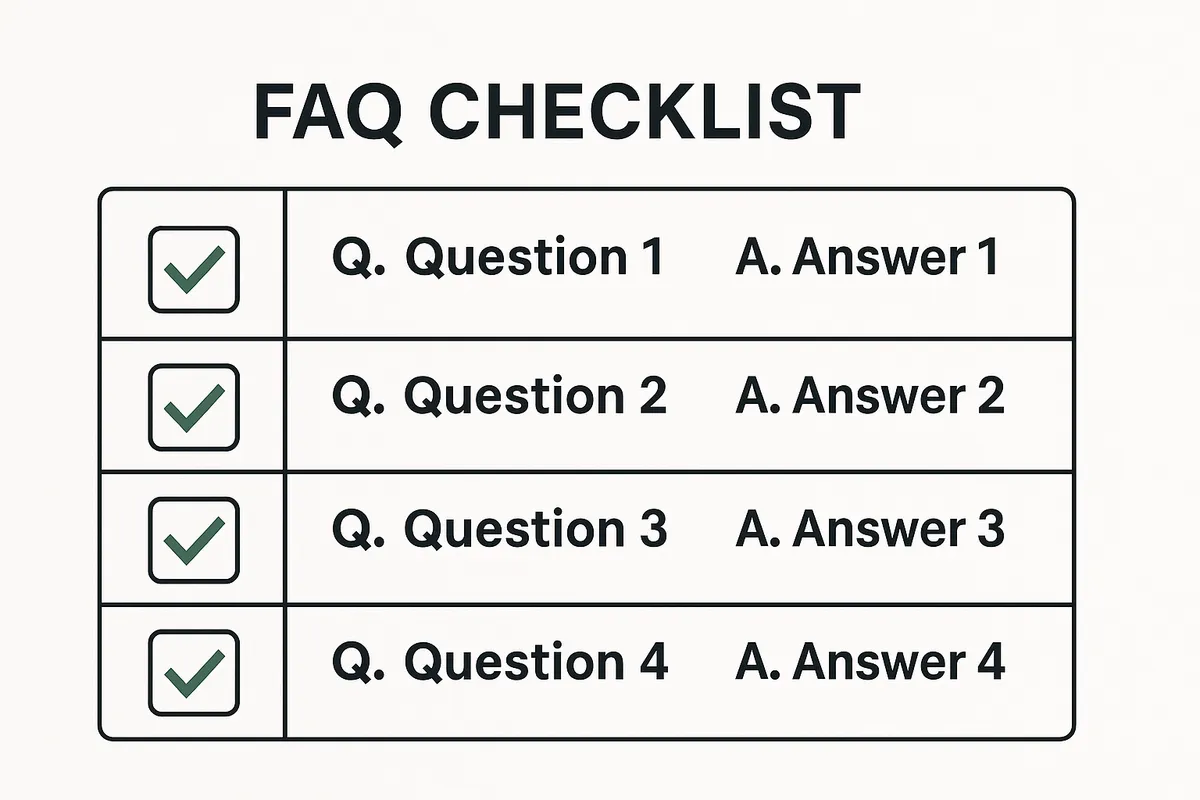 Visual checklist with FAQ questions and answers organized in a clean, professional layout