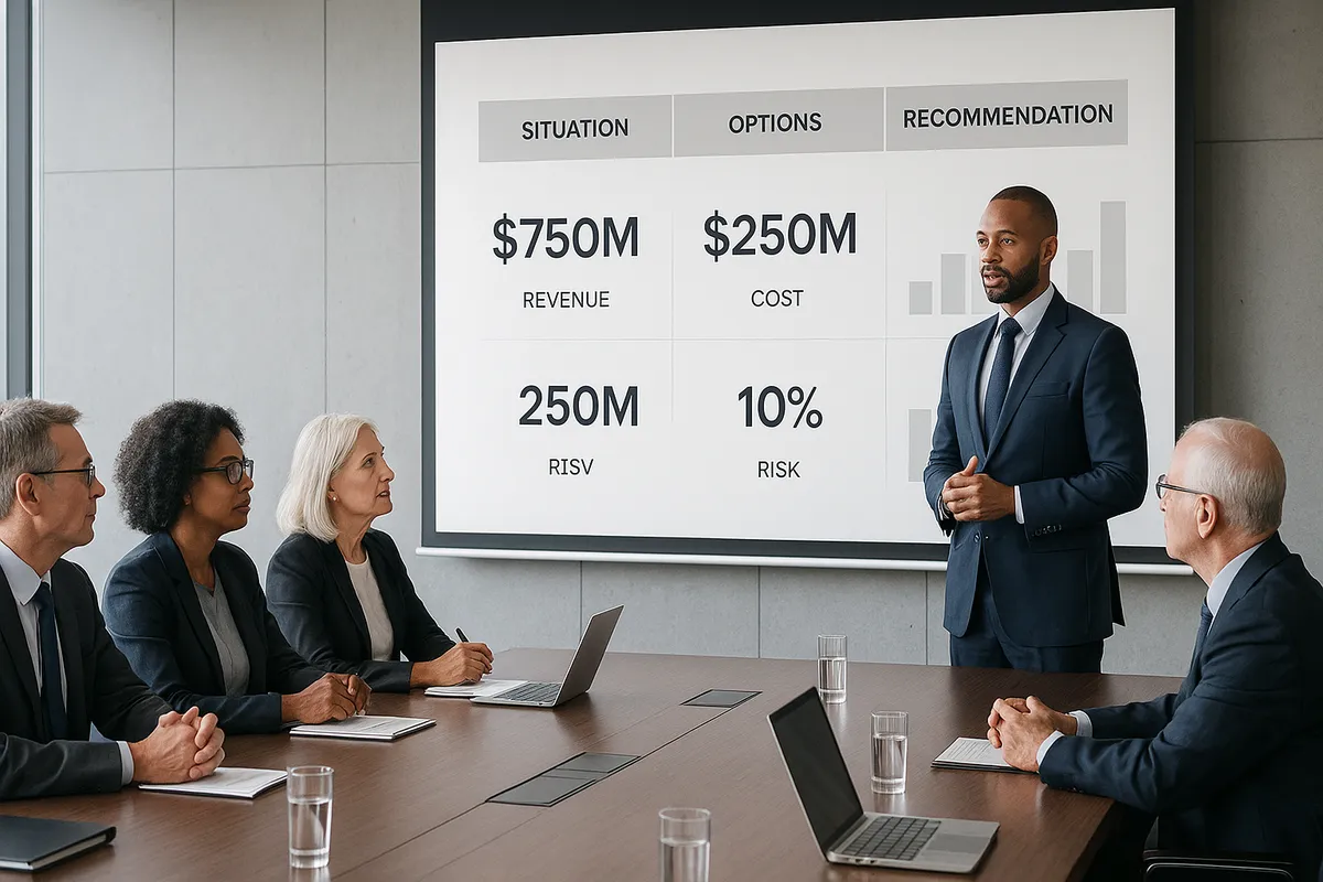 CIO presenting a concise 10-slide board deck with Situation→Options→Recommendation flow, three big numbers on screen (revenue, cost, risk), boardroom with diverse directors, confident posture, minimalistic charts, photorealistic style, don't include title
