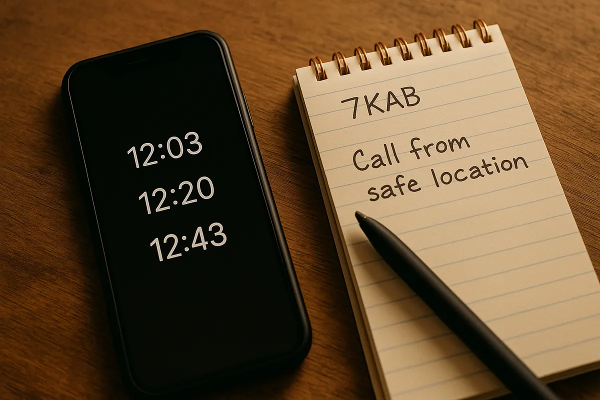 Phone-on-table close-up with notes: time stamps, vehicle plate fragment, and a reminder “Call from safe location,” warm documentary lighting, don’t include title