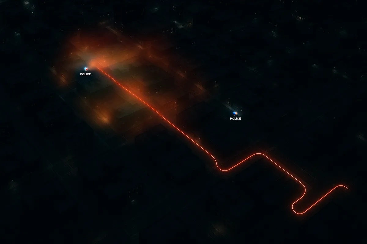 Night aerial of a U.S. city grid with scattered police units and a highlighted escape route, subtle heat-map effect over likely search zones, cinematic noir style, don’t include title