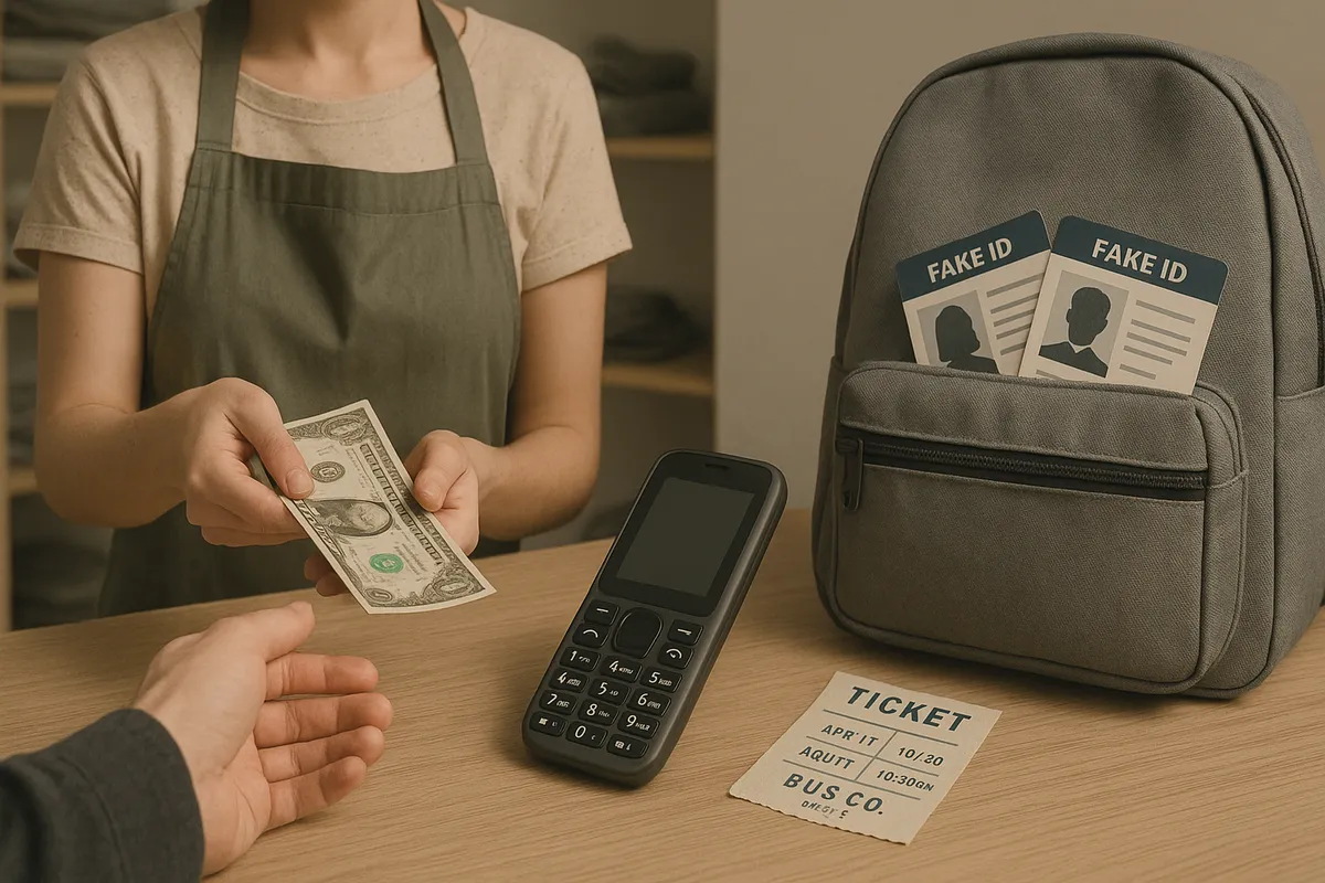 Composite scene: thrift-store cashier paying cash, prepaid phone on a table, bus ticket stub, and a backpack with fake IDs peeking out, muted color palette, don’t include title