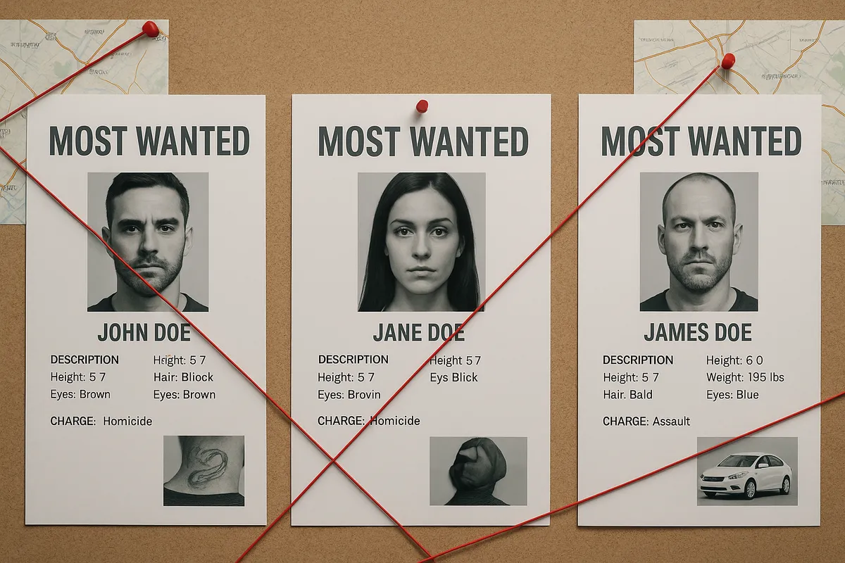 Carousel of case posters on a corkboard: three “Most Wanted” sheets with red strings to maps, key identifiers circled (tattoos, vehicles), photojournalistic style, don’t include title