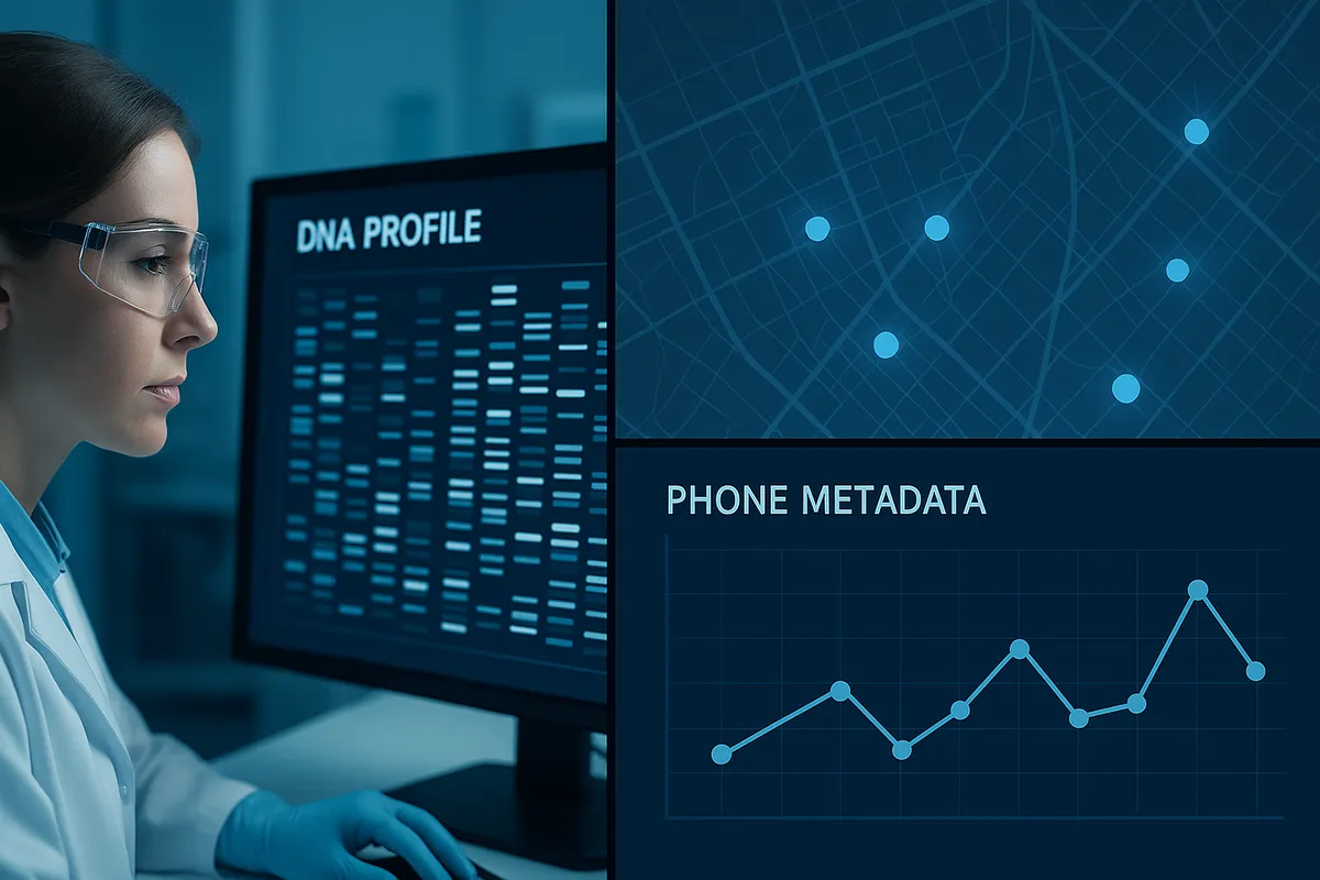 Split-screen: lab technician with DNA profile on monitor vs. map with ALPR hits and a phone metadata graph, cool-toned technical look, don’t include title