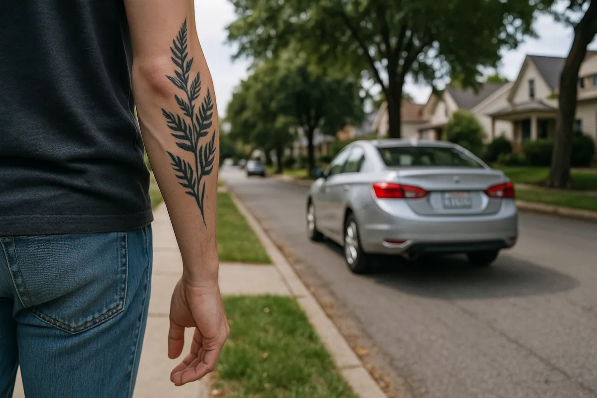 Neighborhood street view from a sidewalk: a reader’s-eye perspective noting a distinct tattoo and a partial license plate on a parked car, realistic reportage style, don’t include title
