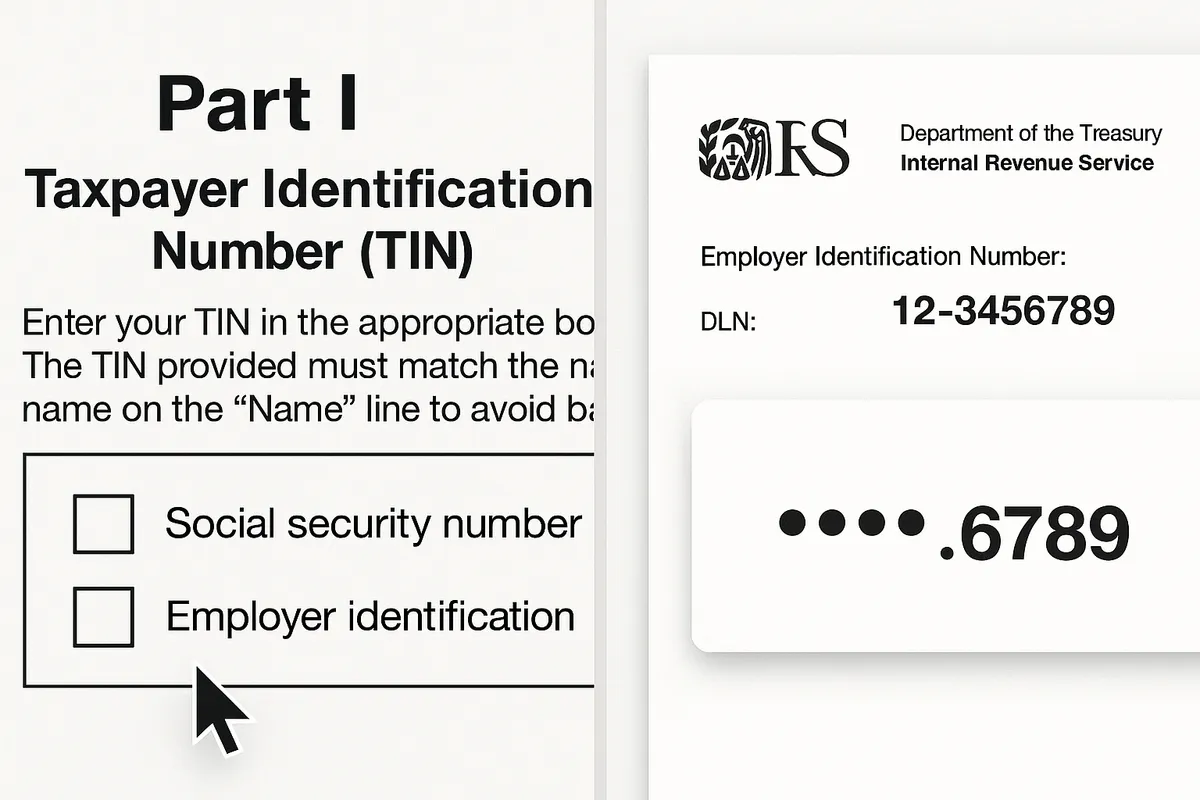 Primer plano del recuadro TIN de la Parte I del formulario W-9 con el cursor sobre los campos SSN y EIN, pantalla dividida que muestra la carta de aprobación del EIN y el SSN oculto, interfaz de usuario limpia, tipografía nítida, no incluir título