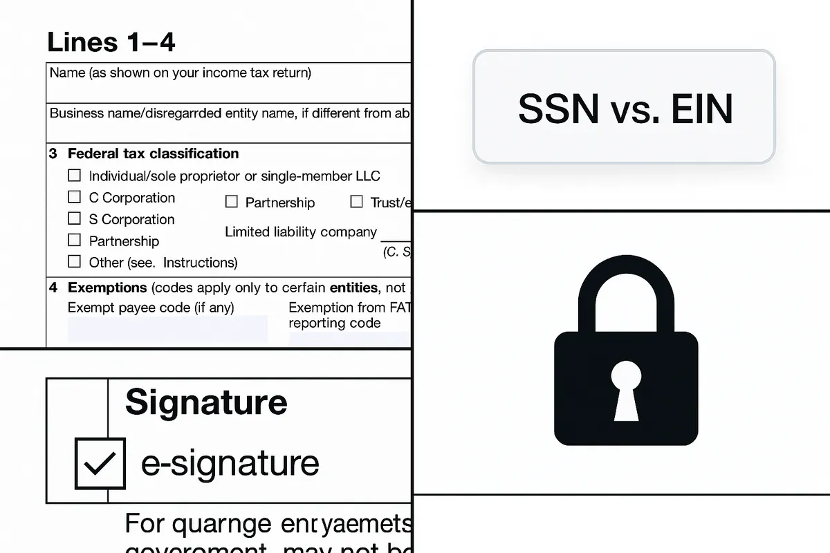 Collage de preguntas frecuentes: primeros planos de las líneas 1 a 4 del formulario W-9, información sobre SSN vs EIN, casilla de verificación de firma electrónica, icono de candado de seguridad, diseño limpio, sin título