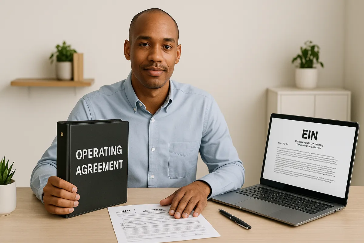 Nuevo propietario de LLC sentado en su escritorio con una carpeta etiquetada como Acuerdo Operativo, la carta del EIN en pantalla, el borrador del formulario W-9 abierto, espacio de trabajo sencillo, expresión segura, no incluir título