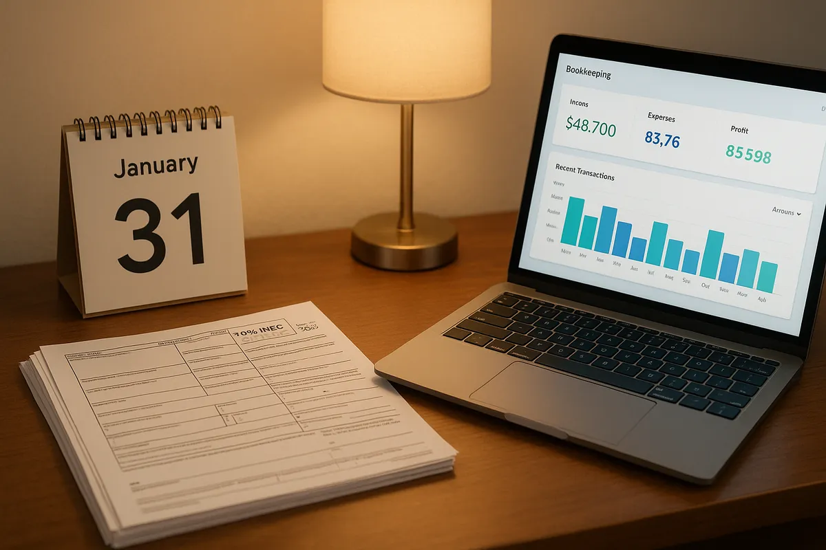 Escena de escritorio a fin de año: pila de formularios 1099-NEC, calendario con fecha límite del 31 de enero, computadora portátil con software de contabilidad, iluminación cálida, no incluir título