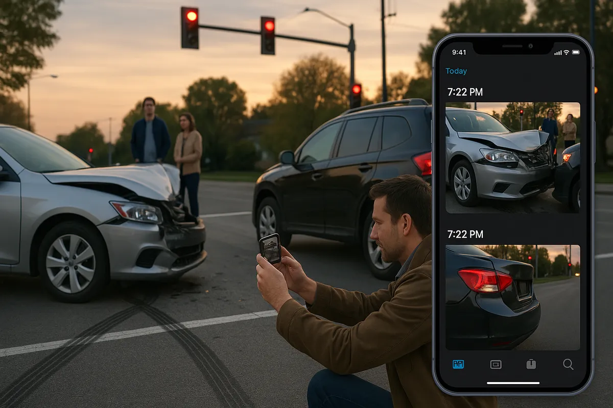 Two-car intersection crash scene at dusk, driver safely photographing both vehicles, visible skid marks, traffic light, bystanders as potential witnesses, phone UI showing timestamped photos, calm and methodical mood, photorealistic detail, don't include title