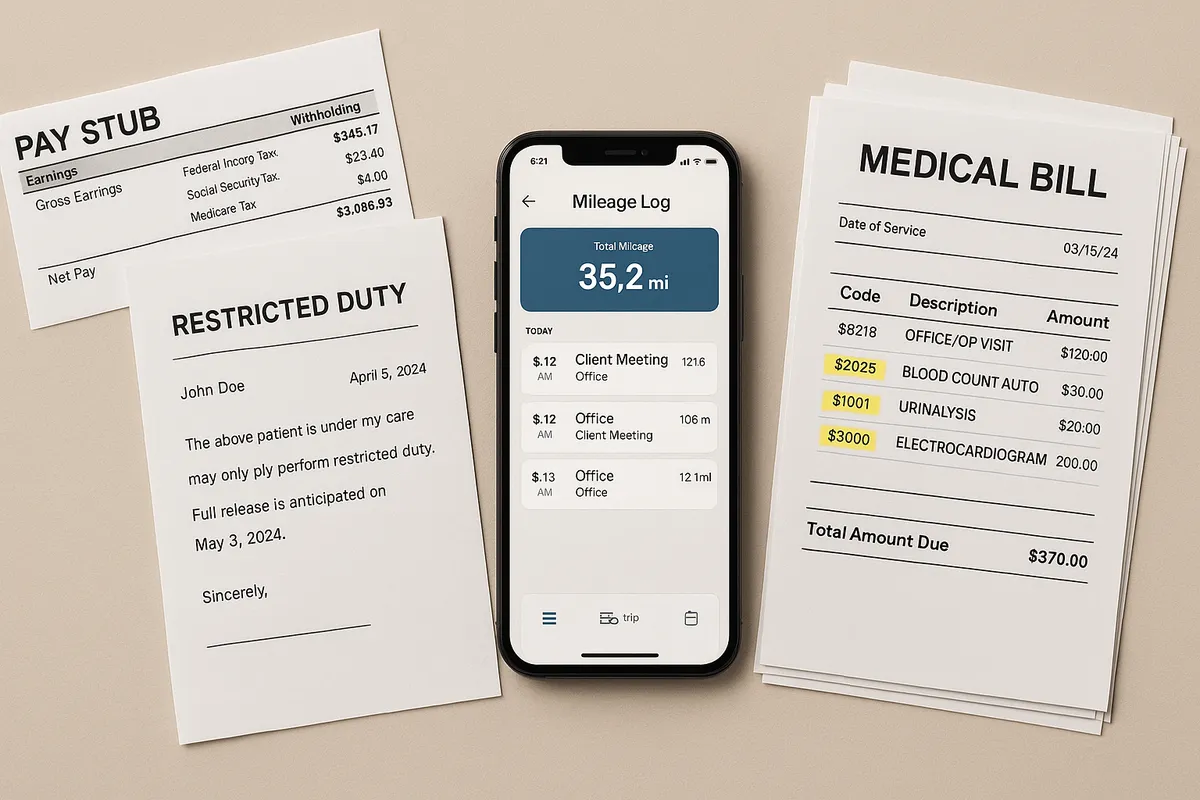 Flat lay: pay stubs, doctor’s note for restricted duty, mileage log app screen, stack of medical bills with CPT codes highlighted, neutral background, realistic product-photo lighting, don’t include title