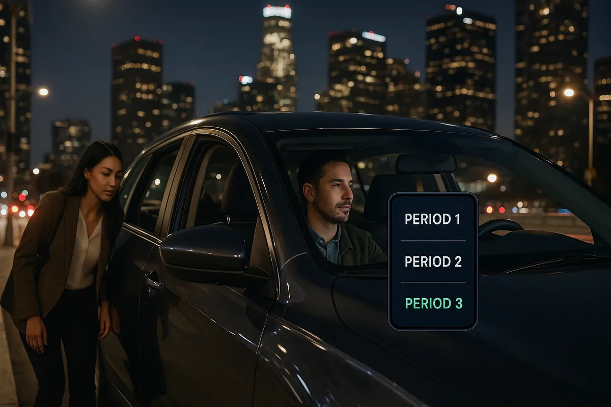 Rideshare driver in downtown LA curb lane with app status states (Period 1/2/3) annotated on screen, passenger entering vehicle, night city lights, realistic style, don’t include title