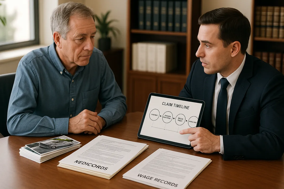Client at tidy law office conference table with neatly stacked accident photos, medical records, and wage proofs; attorney pointing to a simple claim timeline on a tablet, warm natural light, realistic style, don’t include title