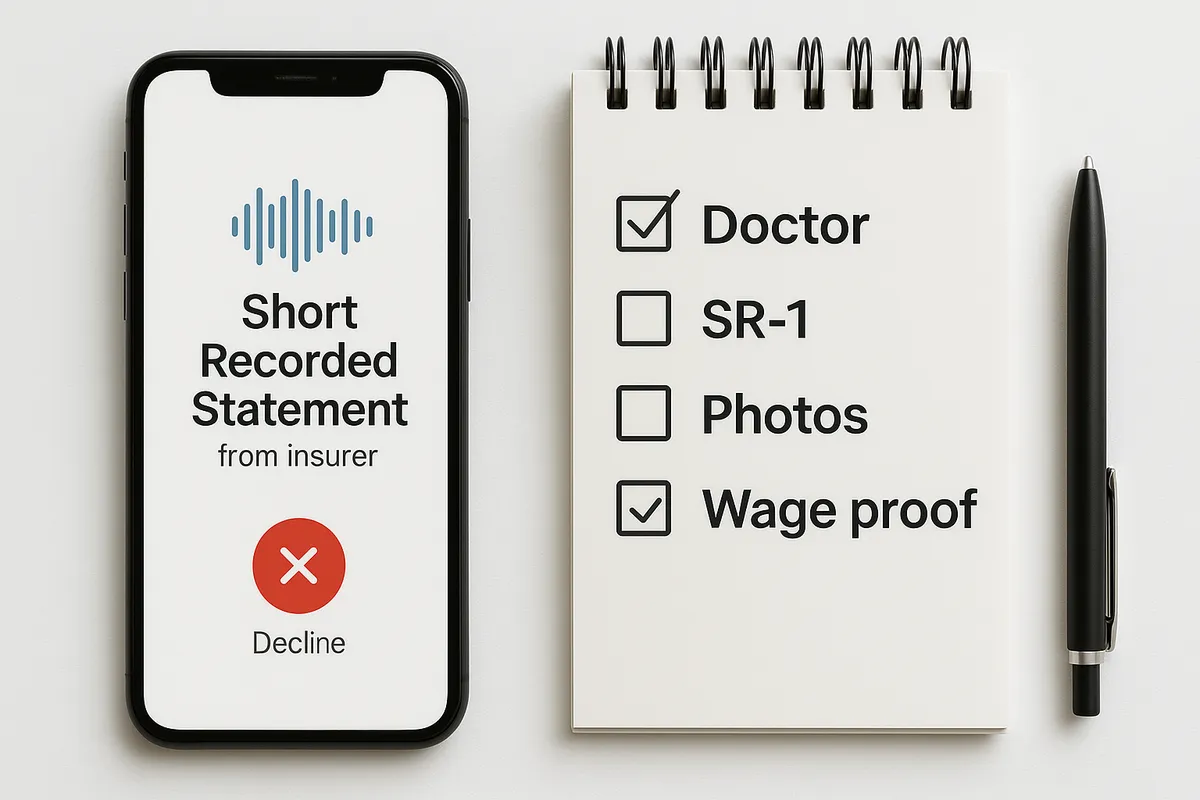 Phone screen showing short recorded statement request from insurer with red “decline” icon; nearby, a checklist reads: doctor, SR‑1, photos, wage proof; minimalist style, don’t include title